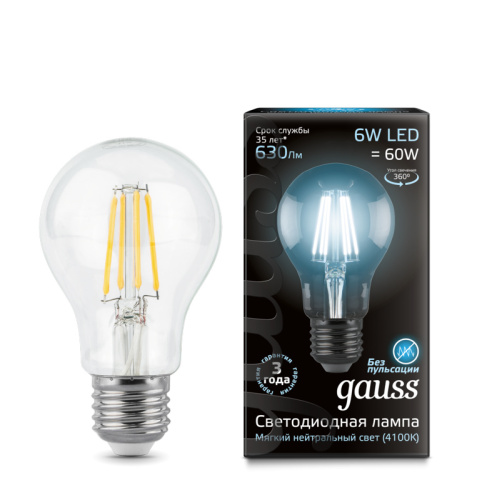 Светодиодная лампа Gauss 102802206 LED Filament A60 E27 6W 4100К грушевидная