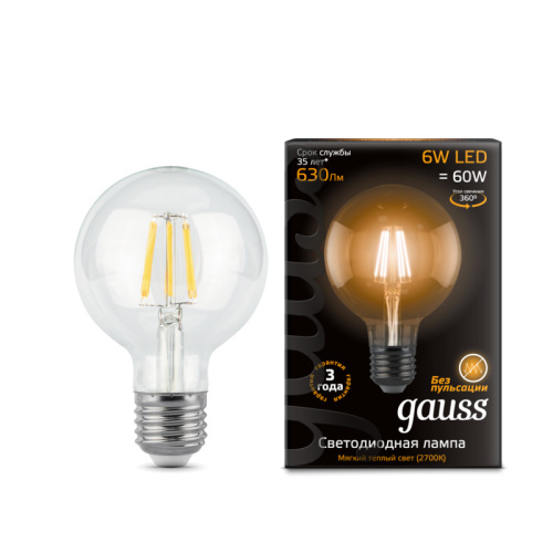Лампа светодиодная Gauss 105802106 LED Filament G95 E27 6W 2700K