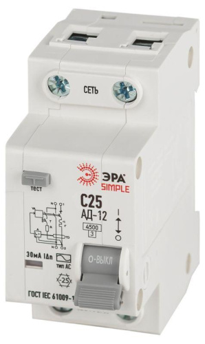 Выключатель автоматический дифференциального тока 1P+N С25 30мА тип АС АВДТ 4.5кА SIMPLE D12E2C25AC30 АД-12 электронное Эра Б0058922 фото 2