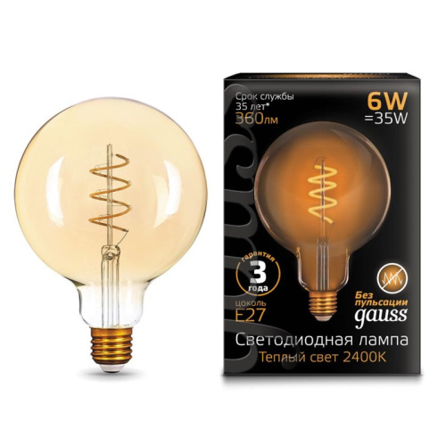 Лампа светодиодная GAUSS 158802008 E27 6Вт G120 2400K Filament Golden