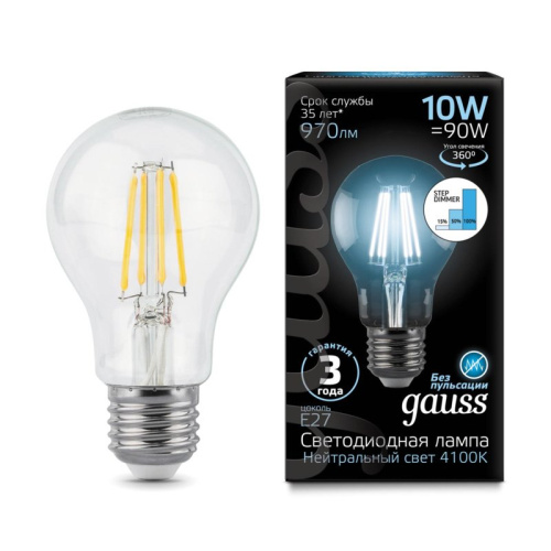 Лампа светодиодная 3 режима(15/50/100%) GAUSS 102802210-S Filament step dimmable E27 10Вт 4100K 185-265V
