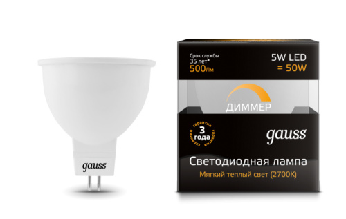 Лампа светодиодная Gauss 101505105-D LED MR16 GU5.3-dim 5W 3000K диммируемая