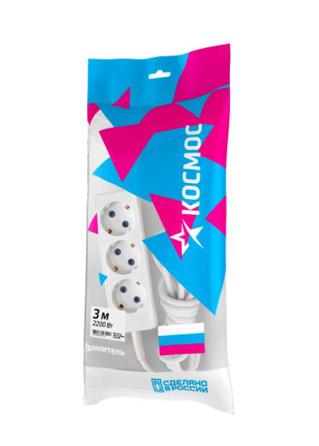 Удлинитель 3х3м с заземл. 10А IP20 ПВС 3х0.75 Космос YKsm3m-3g-Z(10A)P
