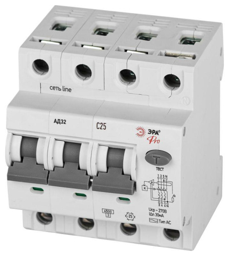Выключатель автоматический дифференциального тока 3P+N C25 30мА тип АC защита 230В АВДТ 4.5кА PRO D32E4C25АC30P АД32 электронное Эра Б0057795 фото 2