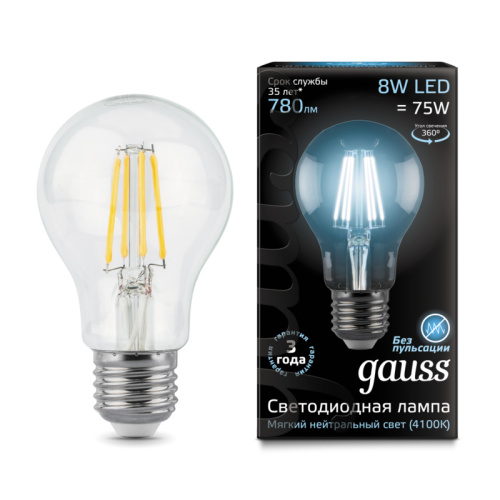 Светодиодная лампа Gauss 102802208 LED Filament A60 E27 8W 4100К грушевидная