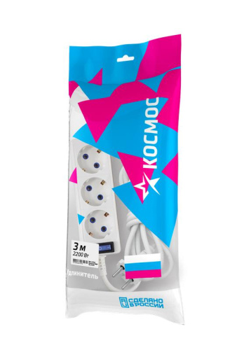 Удлинитель 3х3м с заземл. 10А IP20 с выкл. ПВС 3х0.75 Космос YKsm3m-3g-Z-V(10A)P