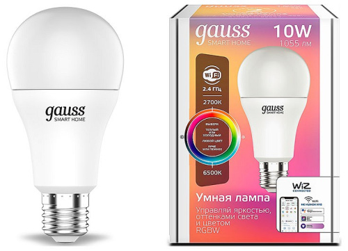 Лампа светодиодная Gauss Smart Home 1180112 E27 10W 2700-6500K+RGB A60  управление со смартфона