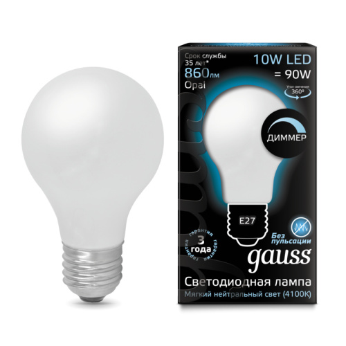 Светодиодная лампа Gauss 102202210-D LED Filament A60 OPAL dimmable E27 10W 4100К грушевидная