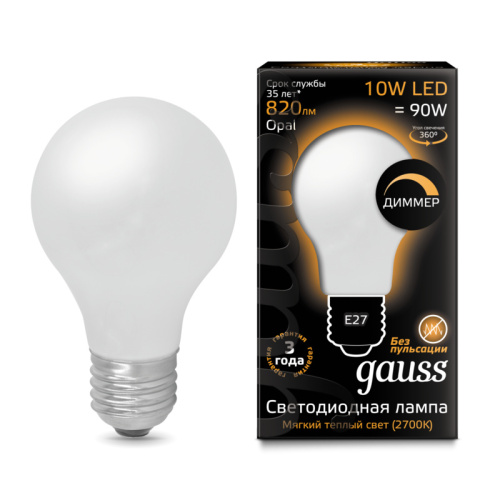 Лампа светодиодная Gauss 102202110-D Filament A60 OPAL E27 10W 2700К диммируемая