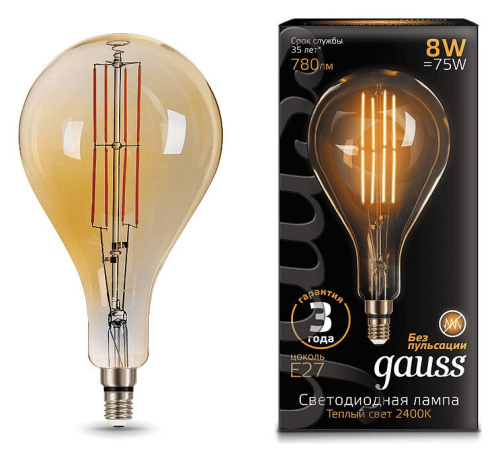 Лампа светодиодная Gauss 149802008 Vintage Filament E27 8Вт 2400K A160 Golden